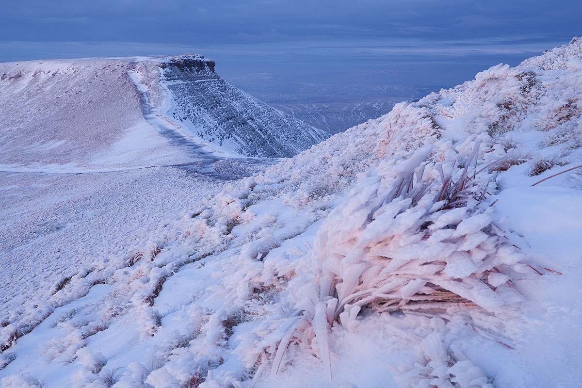 Ice and snow structures on Pen Y Fan looking towards Corn Du