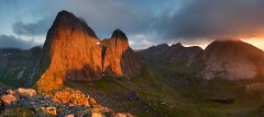 Krakhammartinden with red sunset light in Lofoten, Norway