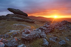 dry stone wall on dartmoor at sunset