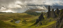 Dramatic clouds surround the pinnacles of rock on the Isle of Skye known as the Storr