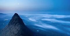 Meal Meadonach from Suilven before sunrise with a crescent moon overhead