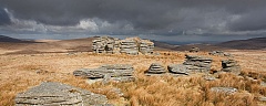 wild tor on Dartmoor lit by full sunshine under heavy clouds