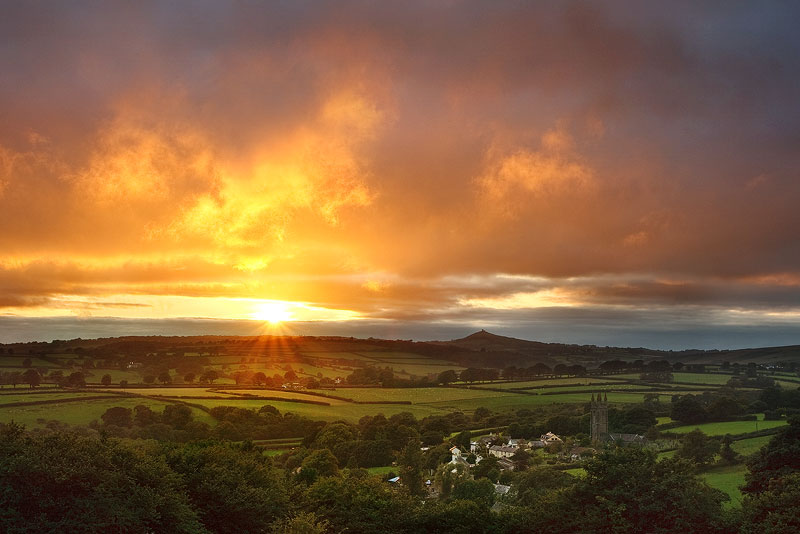 A fiery sunset over Peter Tavy in Devon