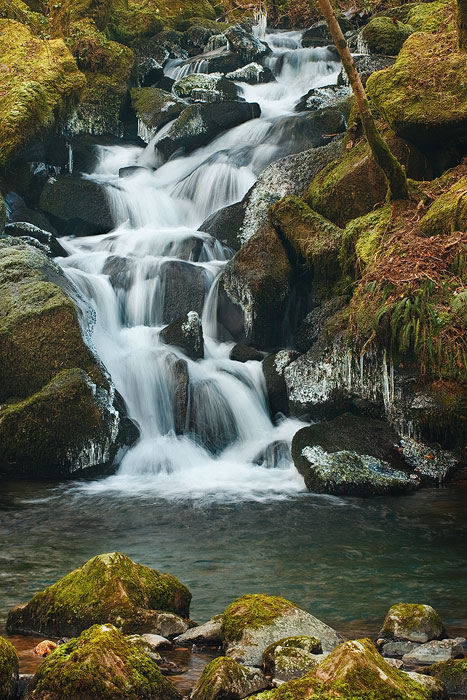 Devon waterfall in the winter with icicles on the rocks