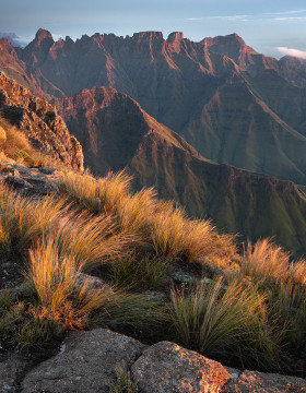 The Cathedral Ridge in the Drakensberg at sunrise